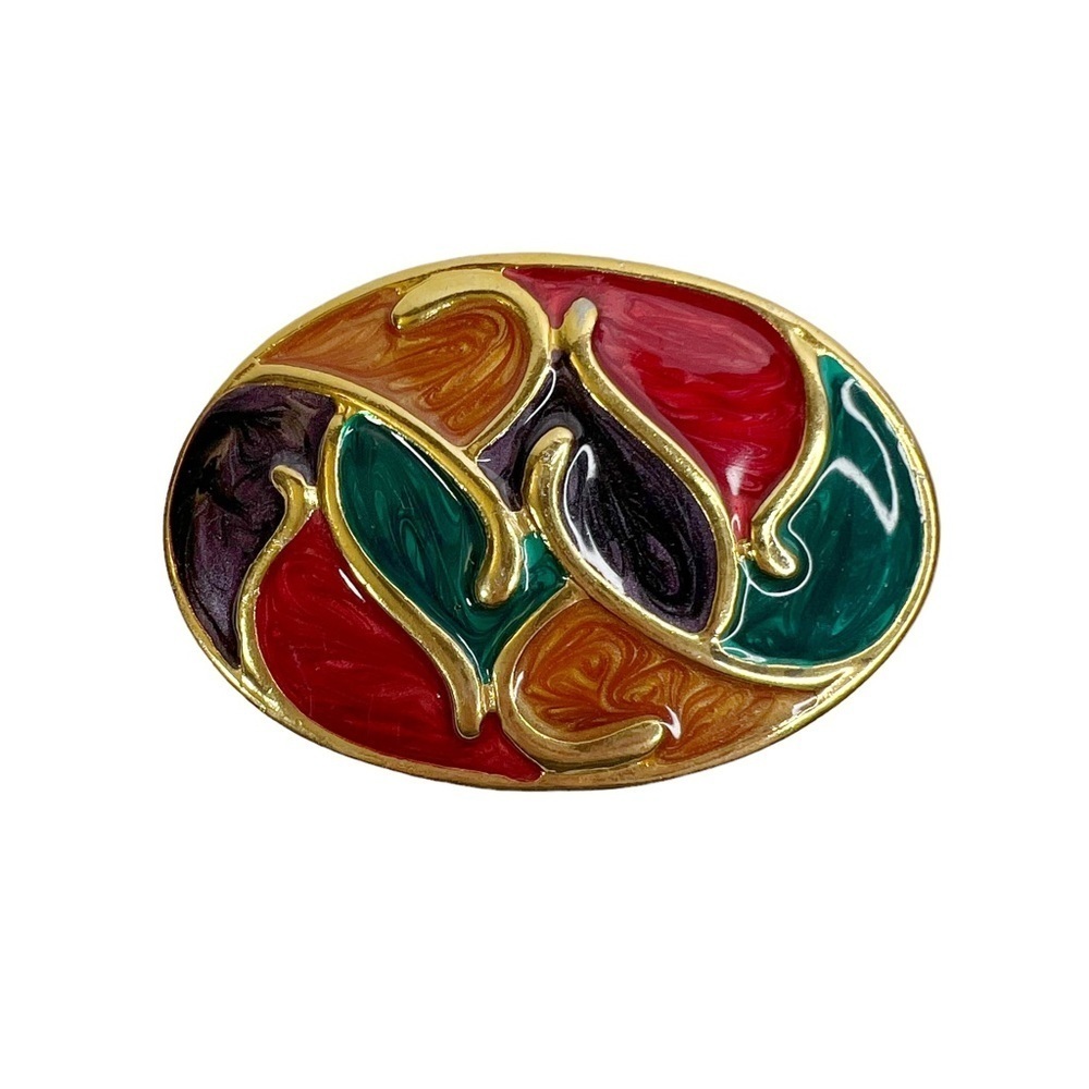 Vintage 80s 90s Swirly Enamel Gold Tone Oval Belt Buckle